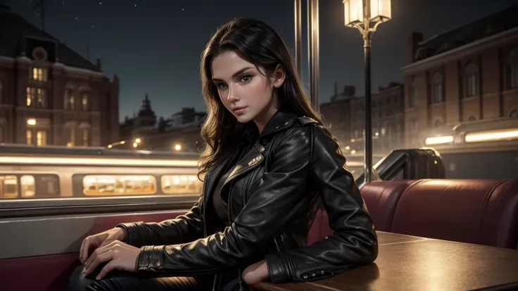 masterpiece, best quality, extremely detailed, hyperrealistic:1.1, photorealistic, a beautiful 20s russian model, ultra detailed face:1.1, black leather jacket, medium hair, in the night, in detailed train, sitting a seat, sea