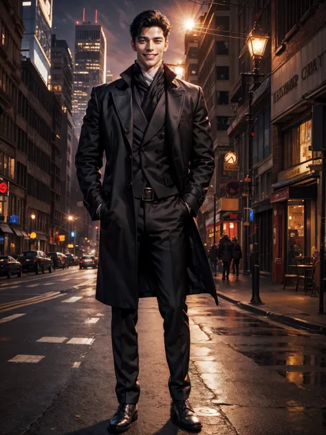 Handsome man, red eye color, muscular, comma black hair, grinning, teacher coat, full body, city background