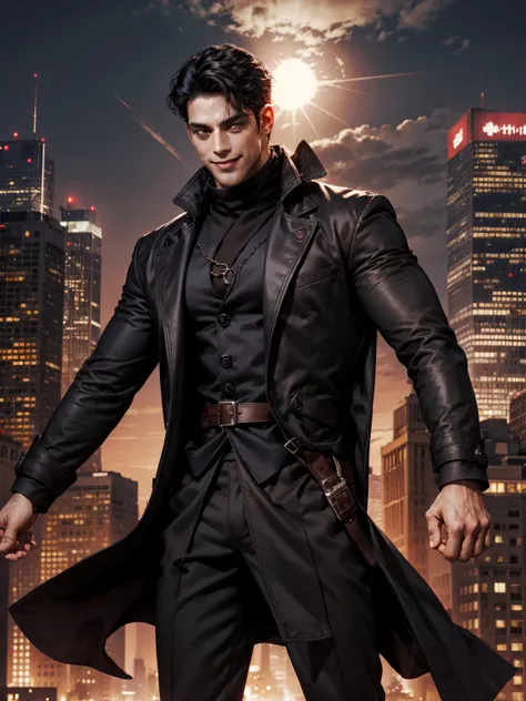 Handsome man, red eye color, muscular, comma black hair, grinning, teacher coat, full body, city background