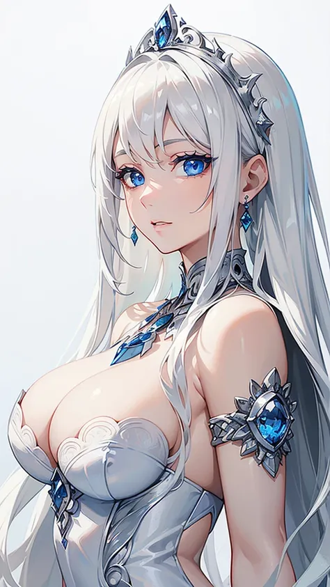 (masterpiece),((Highly detailed long silver hair)),((expressive blue eyes)),(Highly detailed white dress),deep cleavage,happy expression,extremely beautiful mature woman, milf,pale white skin,silver jewelry,best quality,cel shading,8K HD,highly detaild fac...