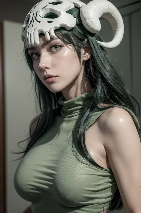 nelliel from bleach, realistic, age 25, extreme pure white skin, skull on head, light green long hair, torn green shirt, perfect...