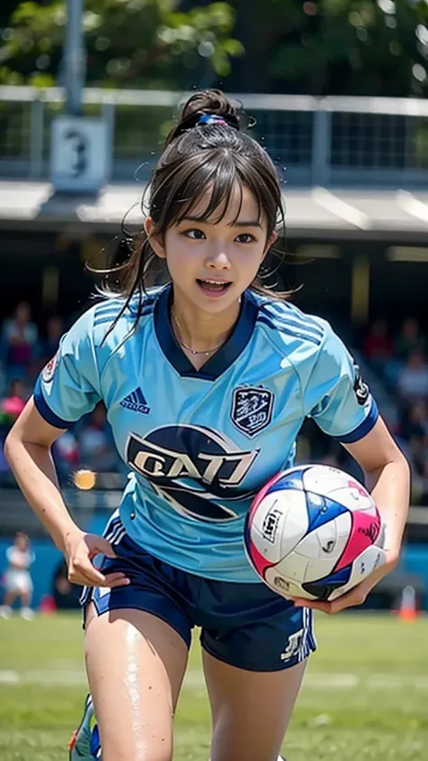 Highest quality, High resolution:1.2, Super detailed, Realistic:1.3, ((Beautiful woman))、Ultra tight uniform、Big Breasts、Vibrant colors, play soccer,((blunt bangs))、Has bangs、Wet Hair, Concentration, Splash, Action Shots, Grass blotches, Muddy ground, Wet ...