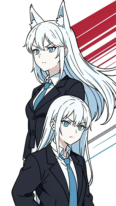 1girl ,solo,20s,mature female,angry face,red hair,long hair,fox ears,(white background, line drawing),shirt,black standard tie,blue blazer,long sleeves, black pleated skirt,(upper body),frosty white Skin , Icy white hair ,Glacial blue eyes,((spyked hair))