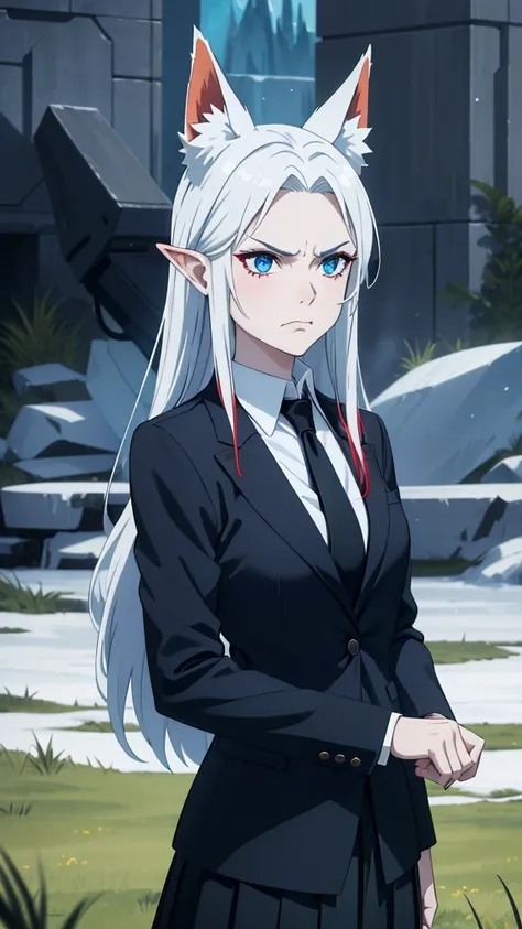 1girl ,solo,20s,mature female,angry face,red hair,long hair,fox ears,(grass),shirt,black standard tie,blue blazer,long sleeves, black pleated skirt,(upper body),frosty white Skin , Icy white hair ,Glacial blue eyes