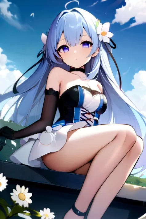 masterpiece, best quality, extremely detailed 8K wallpaper, 1girl, outdoors, Helena(Azur lane),strapless dress, dress, layered dress,white flower, hair ornament, purple eyes, (choker), outline, (black gloves), bare legs,