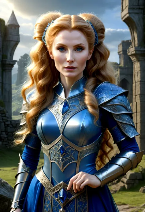 a beautiful young elven maiden, gates mcfadden (age 20), with big hair and twintails, wearing an intricate sheer blue dress, mit...