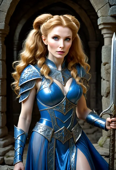 a beautiful young elven maiden, gates mcfadden (age 20), with big hair and twintails, wearing an intricate sheer blue dress, mit...