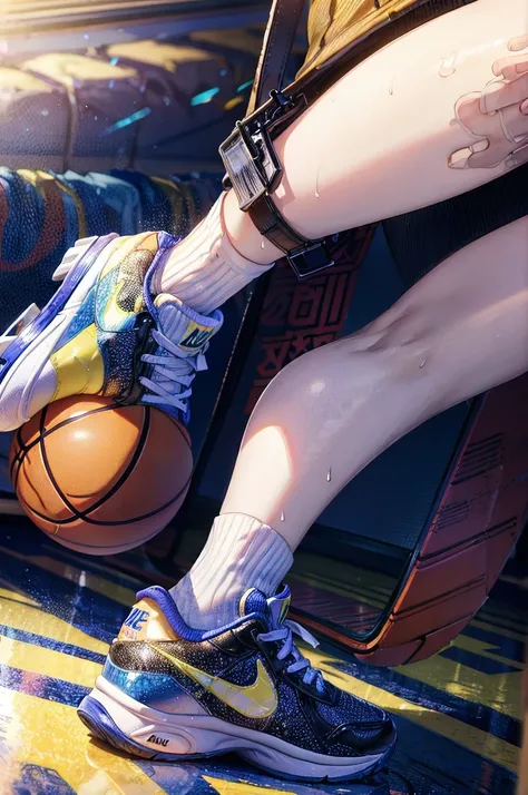 high quality,High resolution,16K,Sharp lines,,Basketball Player,After the match,Very sweaty,Sexually excited,Lewd,Seductive look,Cute face,Angle from below, Boyish Shoes, Nike shoes,Detailed shoes,Colorful shoes,White loose socks, whole body