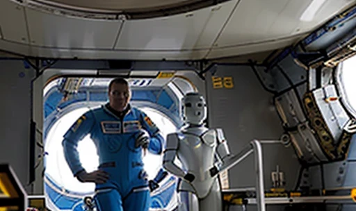 In the image we have 2 Astronauts in space uniform piloting a spacecraft, view inside the spacecraft. A humanoid robot is nearby helping.