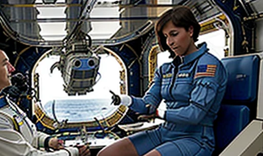 In the image we have 2 Astronauts in space uniform piloting a spacecraft, view inside the spacecraft. A humanoid robot is nearby helping.