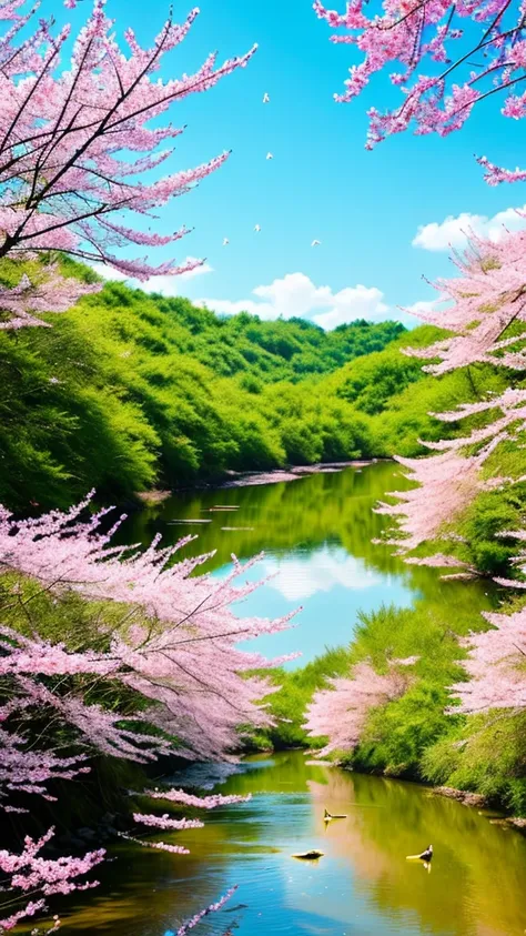 In the warm spring sun，Peach blossoms bloom outside the bamboo forest，A few branches dotted among the green，The pink flowers sway gently in the breeze。The river water ripples warmly under the spring sunshine，A few ducks swimming leisurely，They are the mess...