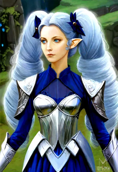 Gates McFadden (age 20) (young elven maiden, big hair, twintails, intricate sheer blue dress, mithril chest plate armor, mithril magic sword), chasing off some pesky kobolds, ruins
