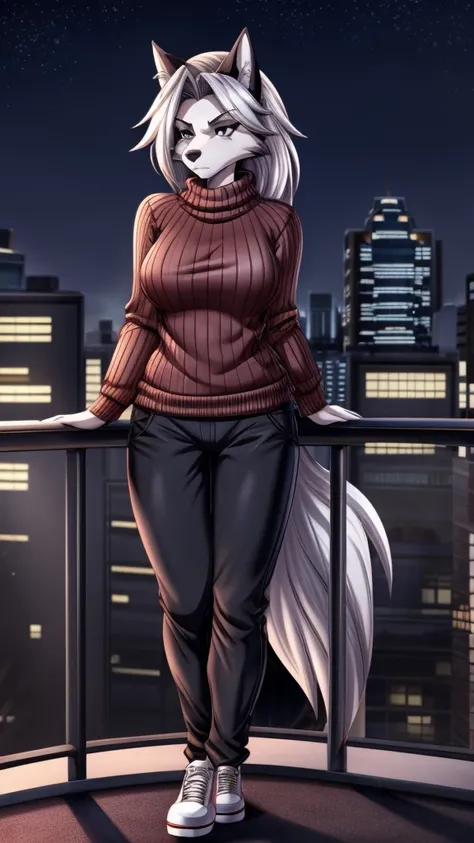 Loona from Helluva Boss, female wolf, anthro, fluffy cozy short white hair, grey eyes, mature adult, red long sleeve sweater, pants, shoes, serious, city at night, at a balcony, detailed, solo, beautiful, high quality, manhwa style, 4K