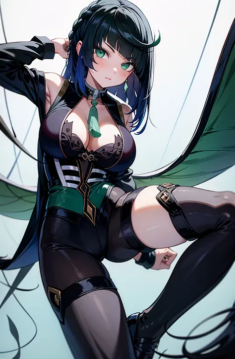 demon slayer, girl long black hair emerald green eyes, slanted eyes