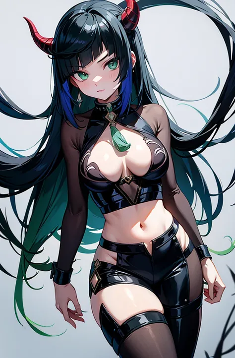 demon slayer, girl long black hair emerald green eyes, slanted eyes