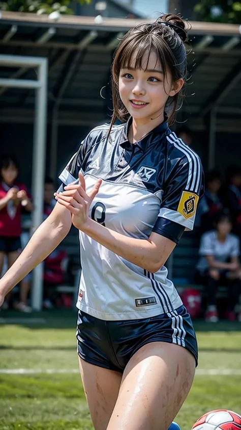 Highest quality, High resolution:1.2, Super detailed, Realistic:1.3, ((Beautiful woman))、((Ultra tight uniform))、Big Breasts、Vibrant colors, play soccer,((blunt bangs))、Has bangs、Wet Hair, Concentration, Splash, Action Shots, Grass blotches, Muddy ground, ...