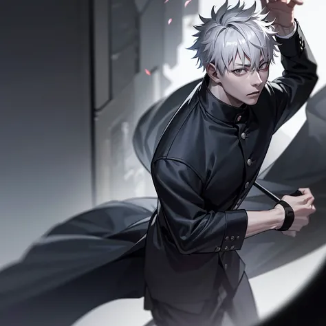 one japanese guy, white hair, high res, ultrasharp, jujutsu kaisen style, jujutsu kaisen background, masterpiece, grey eyes