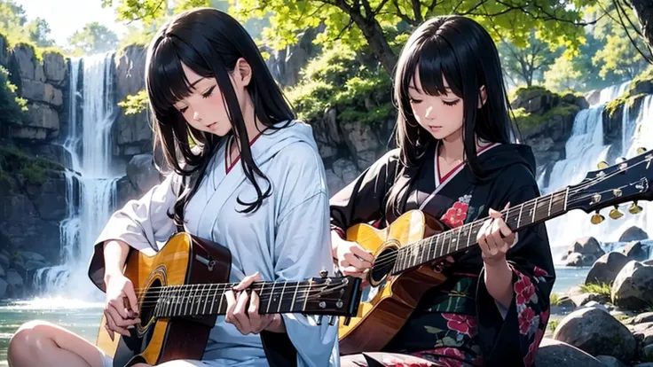 ((full shot))((long shot)) high quality, fantastic, mysterious, sunlight filtering through trees, ((alone))(huge waterfall), sitting playing guitar, eyes closed, playing, one woman guitarist, woman in Japanese kimono, wearing hoodie, bright pattern on kimo...