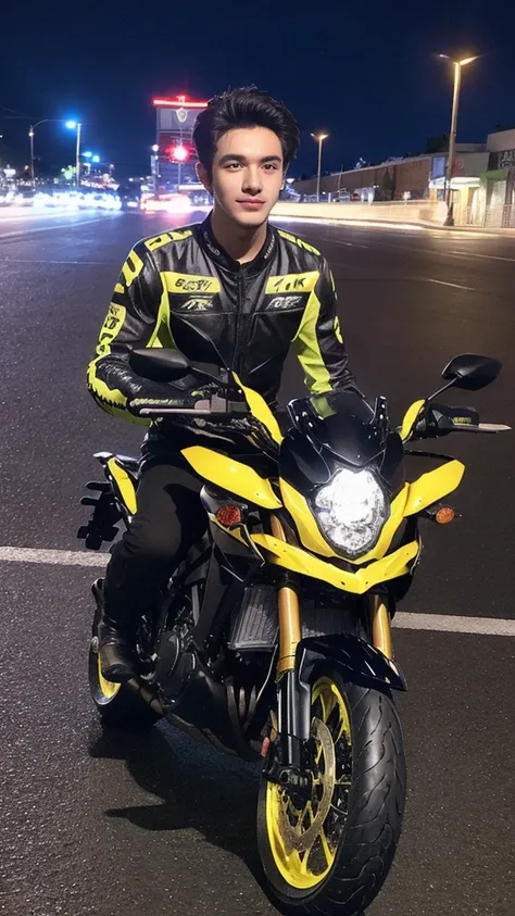 young man on mt 03 motorcycles 8K,best quality, ultra high resolution, insta story, shot by iphone camera, night, black hair