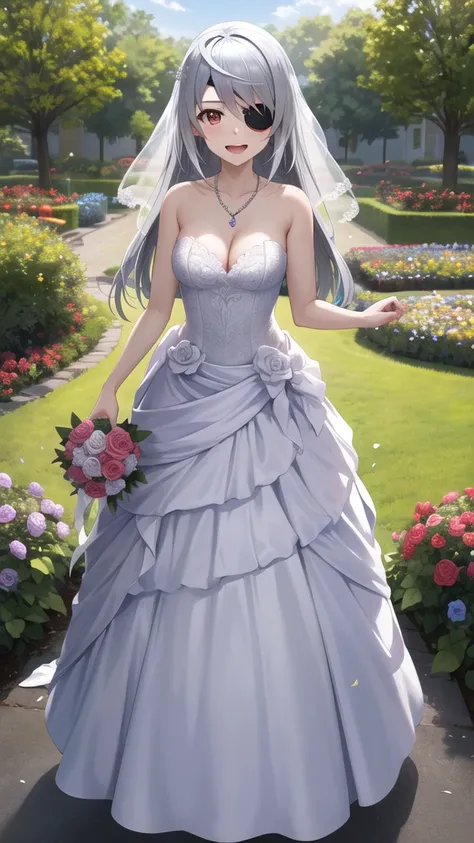 masterpiece, best quality, highres, aalaura, long hair, eyepatch, small breasts, wedding dress, cleavage, necklace, strapless, white dress, garden, standing, holding bouquet, open mouth, smile, confetti,