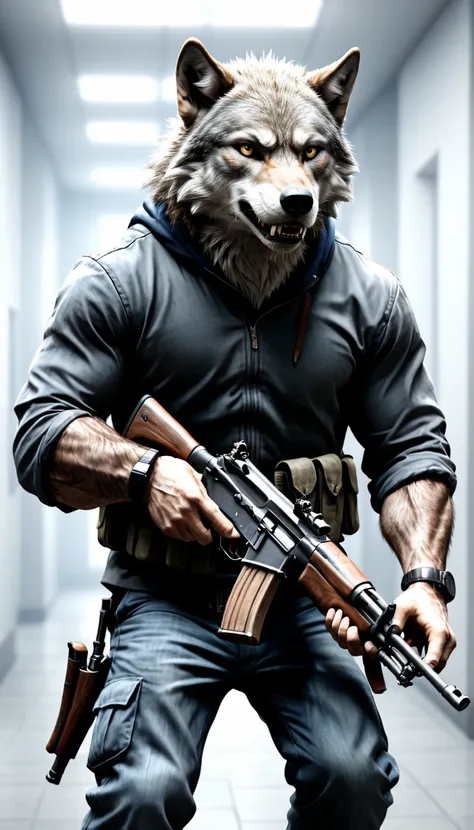 A wolf bank robber rushes towards the audience with an AK47, detailed, Practical, 8K Ultra HD, high quality