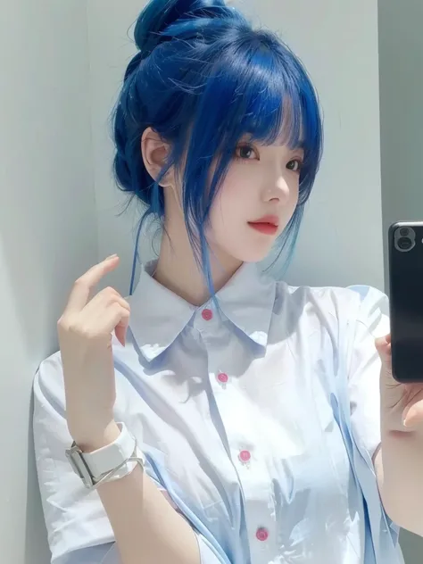 8K high quality，1 woman，Blue Hair：1.5