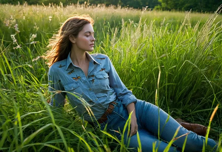 a woman sits in a tall grass meadow, blue grass, dense greenery surrounding her, she's hidden, camouflaged:1.1, grown past her w...