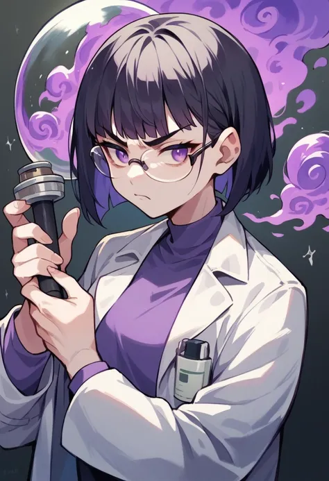 a 40 year old scientist, wearing glasses, black hair, short bangs covering his left eye, white lab coat, purple shirt, black tie, evil look, purple eyes, pale skin, looking very angry, holding a piece of meteorite with purple aura