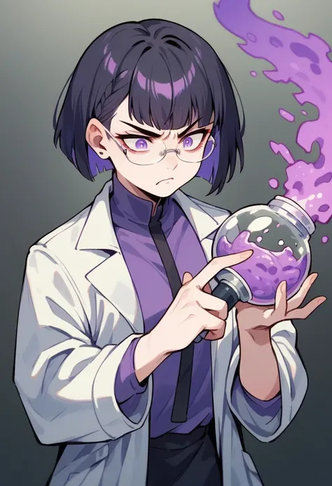 a 40 year old scientist, wearing glasses, black hair, short bangs covering his left eye, white lab coat, purple shirt, black tie, evil look, purple eyes, pale skin, looking very angry, holding a piece of meteorite with purple aura