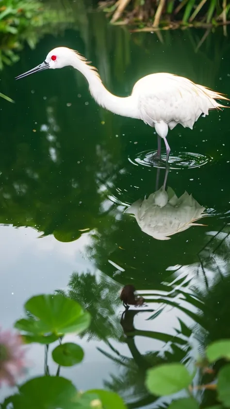 ((crane))、bird、after the rain、1girl,from below