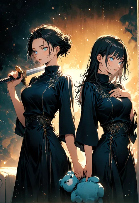 (2 young girls,jujutsu kaisen),twins, sitting on a couch holding a stuff animal, standing and holding a sword, two different set of colored eyes, different hair styles, same height, matching dresses, artwork