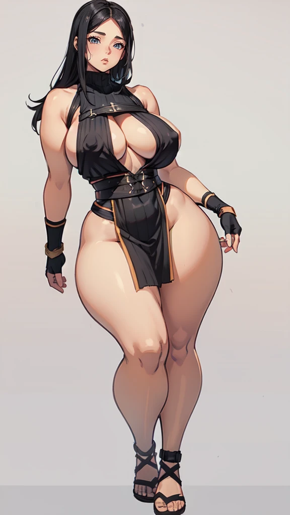 (masterpiece), best quality, female warrior, huge girl, female muscular:1.2, (curvy:1.8), (((blank background))), ((full body)), fingerless gloves, sandals, sleeveless, covered nipples, (underboobs:1.3), thin hair, straight hair, black hair