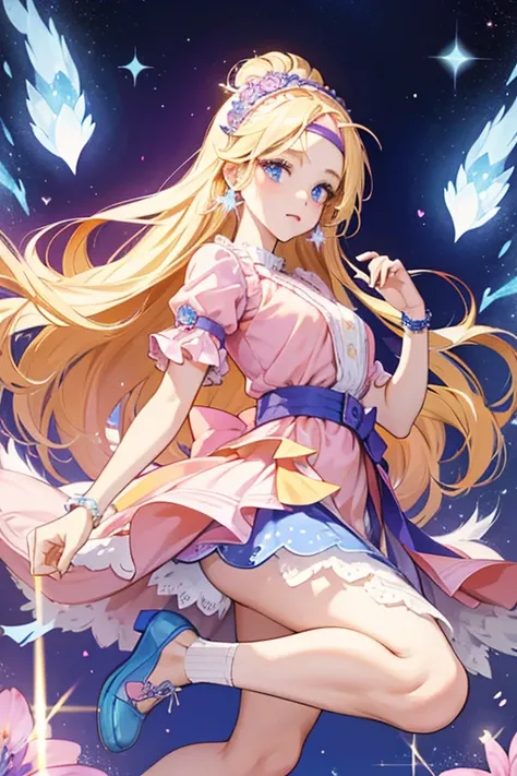 She has peach skin, blue eyes with star highlights, and blonde hair with a headband. She is wearing a fluffy pink dress with a purple belt. She has blue flower earrings and blue shoes.  SPARKLE; GLITTER