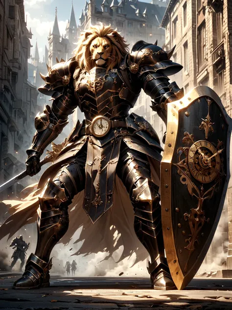 lion knight wearing combat uniform, on the street, black armor, clock designs, black lion man, black color armor, sword and shie...