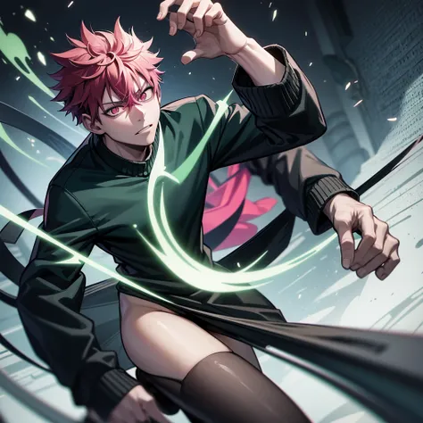 one japanese man, green hair, pink eyes, high res, ultrasharp, masterpiece, jujutsu kaisen style