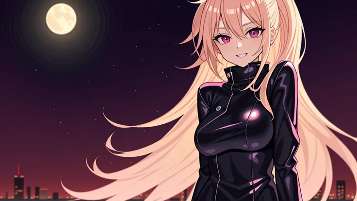 adult woman, anime pink eyes, long blonde hair, sexy black leather, smile, guitar, 4k hd, night city, moon