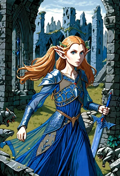 gates mcfadden (age 20) (young elven maiden, twintails, intricate sheer blue dress, mithril chest plate armor, mithril magic swo...