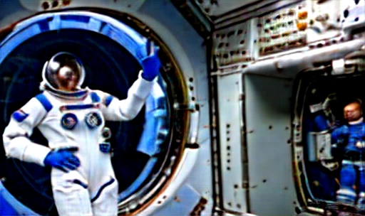 In the image we have 2 Astronauts in space uniform piloting a spacecraft, view inside the spacecraft. A humanoid robot is nearby helping.