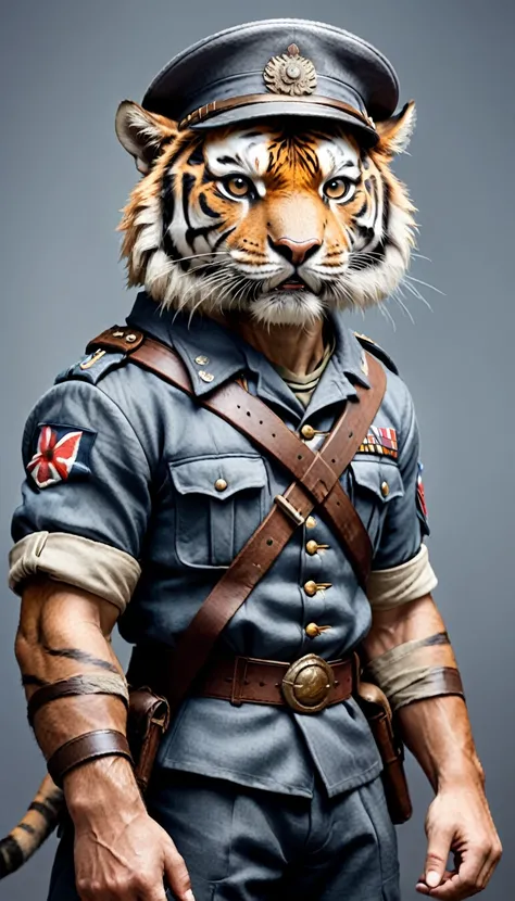 Professional photo of a cute tiger in human form wearing combat uniform from World War I, His face was filled with anger, He&#39;s in the trenches, Surrounded by soldiers, dust, smokes, FOG, explode. Photorealism, Photorealismistic, high quality