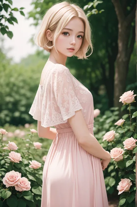 8K, CRU photo, Fujifilm, style photo of a beautiful young woman like Avril in a light pink rose garden (highly detailed skin: 1.2) Style-Petal BREAK short hair, blonde hair with colored highlights, wearing a dress, film grain, 35mm, cute style