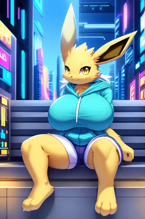 Jolteon, anthro,  yellow body fur, yellow eyes, detailed body fur, detailed face, detailed eyes, glistering body, shiny body, gorgeous body, masterpiece, high quality, feets whit three toes, sitting, cyber city, electric, clear sky, :3, full body, female, ...