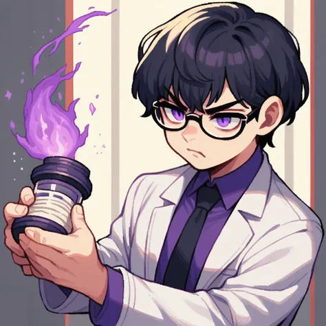 a man 40 year old scientist, wearing glasses, black hair, short bangs covering his left eye, white lab coat, purple shirt, black tie, evil look, purple eyes, pale skin in anime pixel art style, looking very angry, holding a piece of meteorite with purple a...