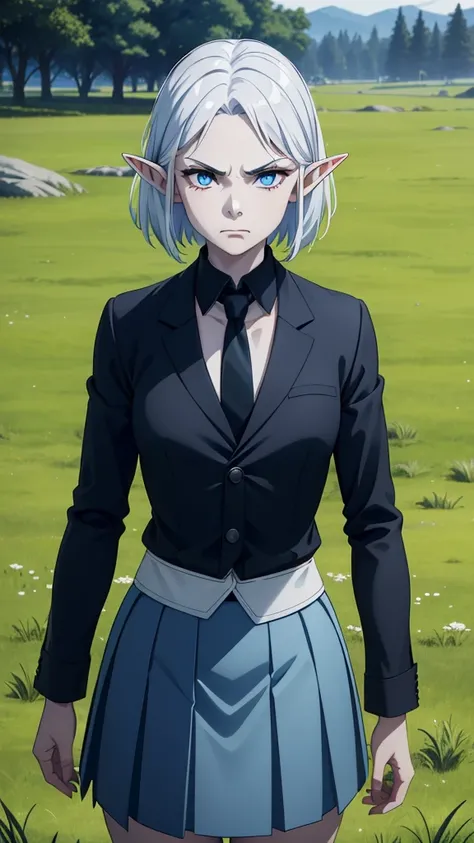 1girl ,solo,20s,mature female,angry face,red hair,short hair,elf ears,(grass),shirt,black standard tie,blue blazer,long sleeves, black pleated skirt,(upper body),frosty white Skin , Icy white hair ,Glacial blue eyes,