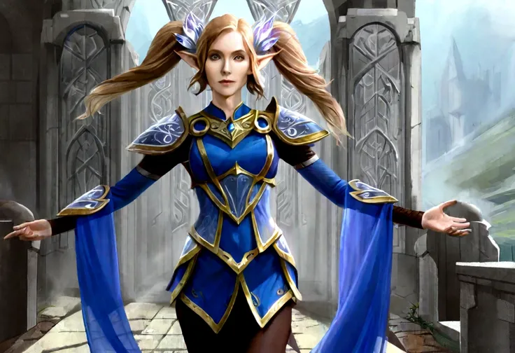 Gates McFadden (age 20) (young elven maiden, twintails, intricate sheer blue dress, mithril chest plate armor, mithril magic sword), chasing off some pesky kobolds, ruins
