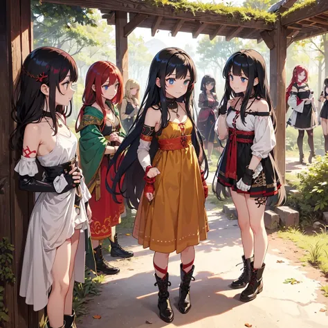 a group of beautiful witch girls in the middle of a forest in the night, tribal tattoo ,multiple girls, five girls, red and black hair , standing girl young girl, gloves, elbow pads, boots, smiles, small breasts, long black dress, necklaces, jewelry decora...