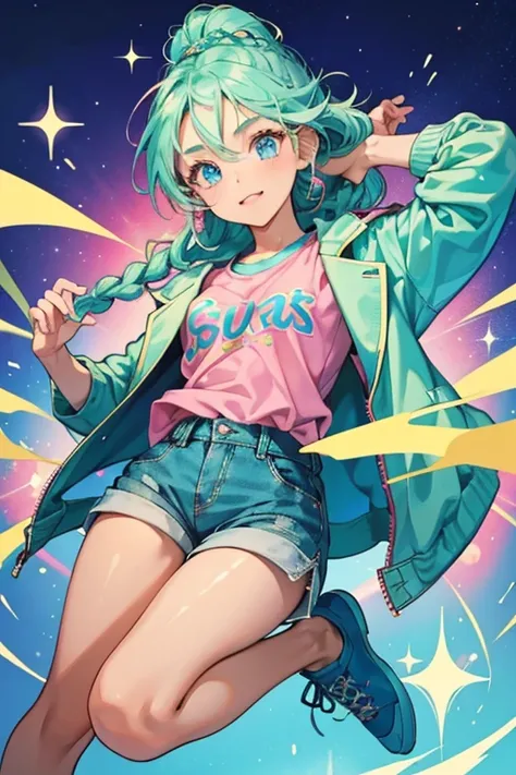 Boom B.B. has tan skin, blue eyes, and blue and green braided hair. She is wearing a pink shirt, green shorts with a blue jacket, and blue shoes. SPARKLE; GLITTER