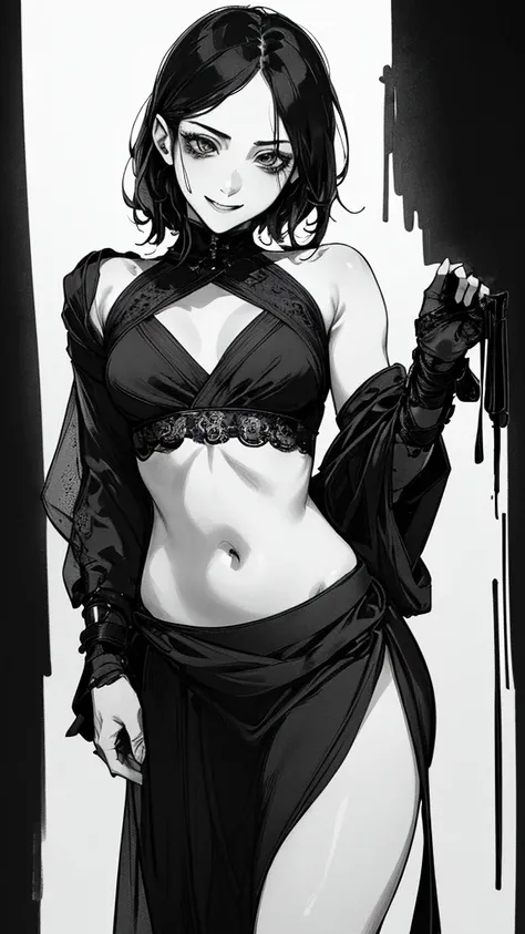 Best Quality, (background details), high contrast, very beautiful woman, detailed original illustration, functional, Kunoichi, ninja costume, black hair, delicate face, charm, bad girl,sexy, real breasts, small breasts, crazy smile, crazy eyes, black backg...