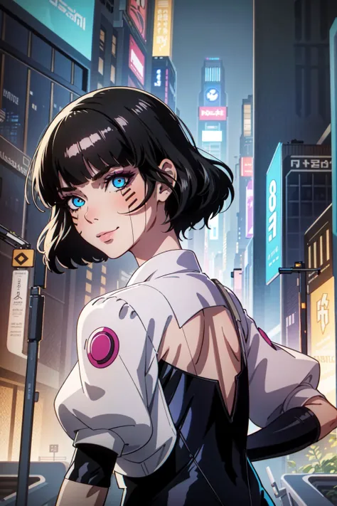 ((masterpiece, best quality))
edgerunnerssasha, 1girl, black hair, short hair, blue eyes, cyberpunk, smile,   fantasy, intricate...