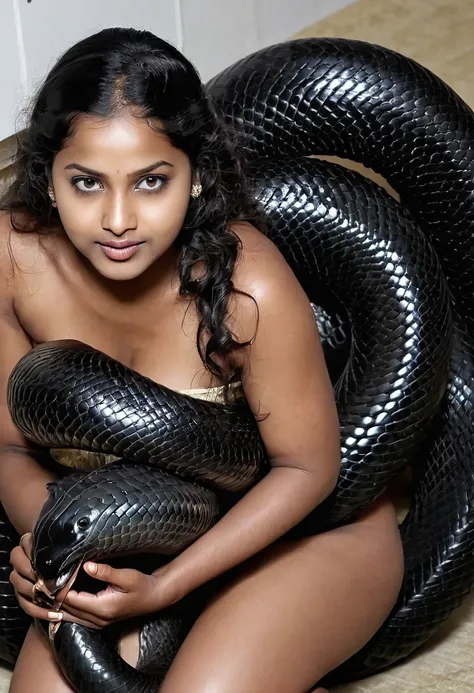 Pregnant Happy Horny, aroused 1girl), beautiful kneeling Indian  young teen girl with  giant colossal black titanboa squeezing her hard, wrapped in thick spiraling coils, constricted, struggle, gasping for air, snake attack, snake peril, moonless night, di...