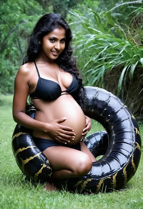 Pregnant Bikini Happy Horny, aroused 1girl), beautiful kneeling Indian  young teen girl with  giant colossal black titanboa squeezing her hard, wrapped in thick spiraling coils, constricted, struggle, gasping for air, snake attack, snake peril, moonless ni...